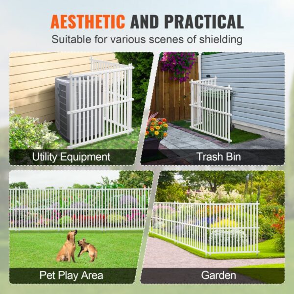 VEVOR vinyl privacy fence panels for utility equipment, trash bin, pet play area, and garden use.