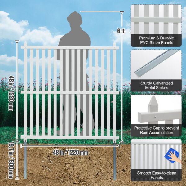 VEVOR vinyl privacy fence panels with pvc stripe panels, sturdy metal stakes, protective caps, and easy-to-clean surface.