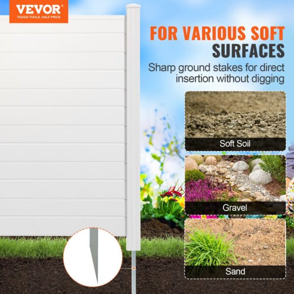 VEVOR privacy screens with sharp ground stakes for easy installation on soft soil, gravel, and sand.