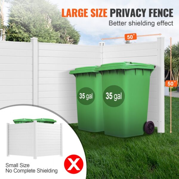 VEVOR privacy screens with 50" large white fence enclosure hiding two green 35-gallon bins on grass.