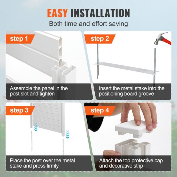 easy installation guide for VEVOR privacy screens in four steps with visual instructions