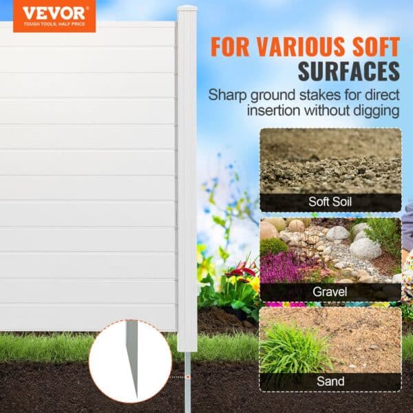 VEVOR outdoor privacy screen for soft surfaces including soil, gravel, and sand with easy installation.