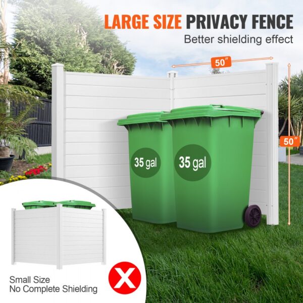 VEVOR outdoor privacy screen with large size fence shielding two 35-gallon green trash bins.