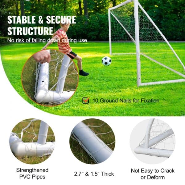 VEVOR portable soccer goal with strengthened pvc pipes, 10 ground nails, and durable structure.