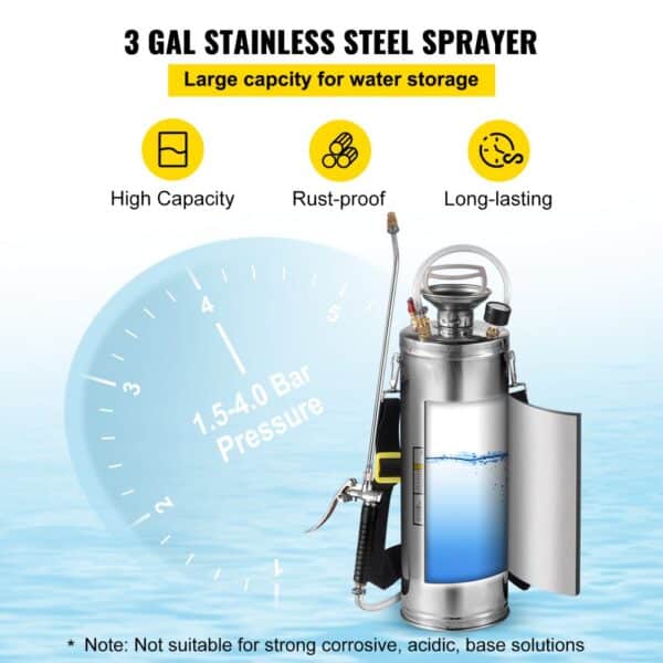 VEVOR stainless steel sprayer with high capacity, rust-proof design, and long-lasting durability.