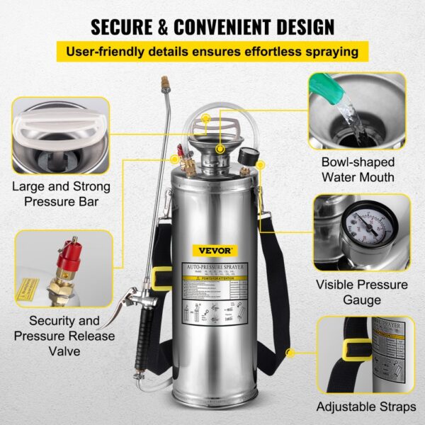 VEVOR stainless steel sprayer with visible pressure gauge and adjustable straps.