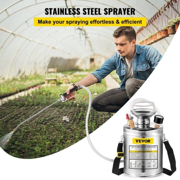 VEVOR hand pump sprayer used in a greenhouse for efficient plant watering.