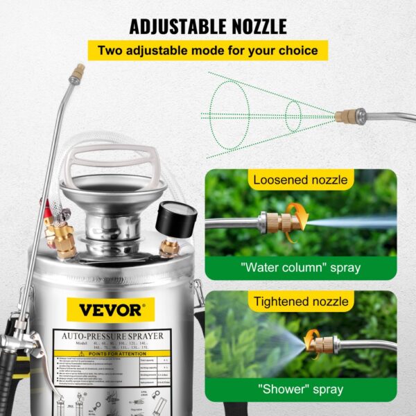 VEVOR hand pump sprayer with adjustable nozzle for water column and shower spray.