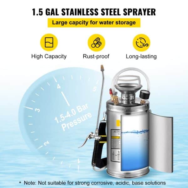 VEVOR stainless steel hand pump sprayer with large capacity and rust-proof design.