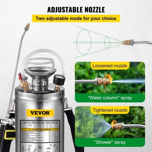 VEVOR stainless steel hand pump sprayer with adjustable nozzle and spray modes.