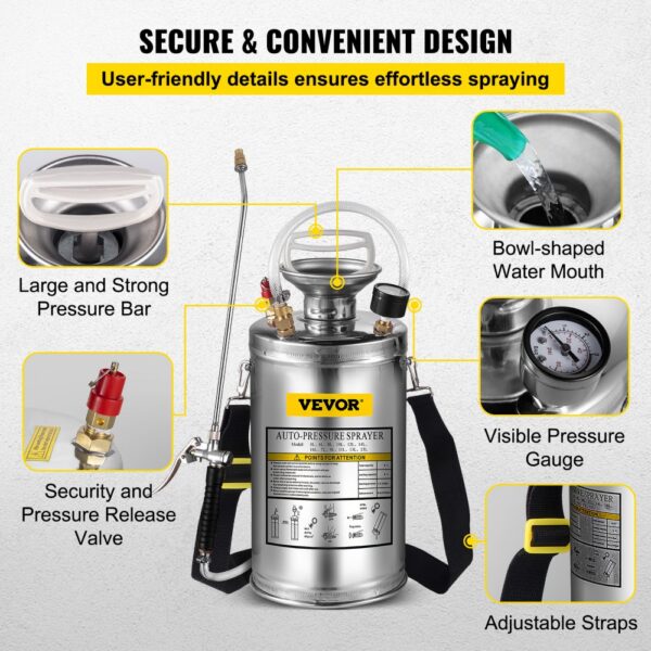 VEVOR stainless steel hand pump sprayer with pressure gauge and adjustable straps.