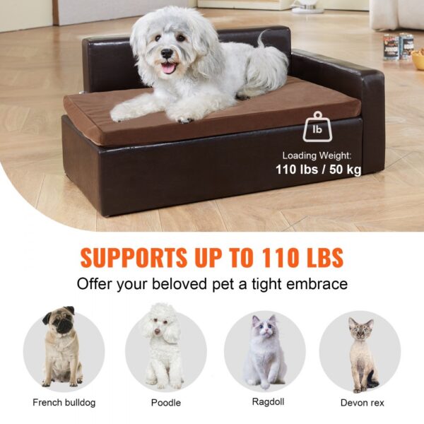 VEVOR pet sofa supports up to 110 lbs, featuring a white dog comfortably resting on a brown cushion.