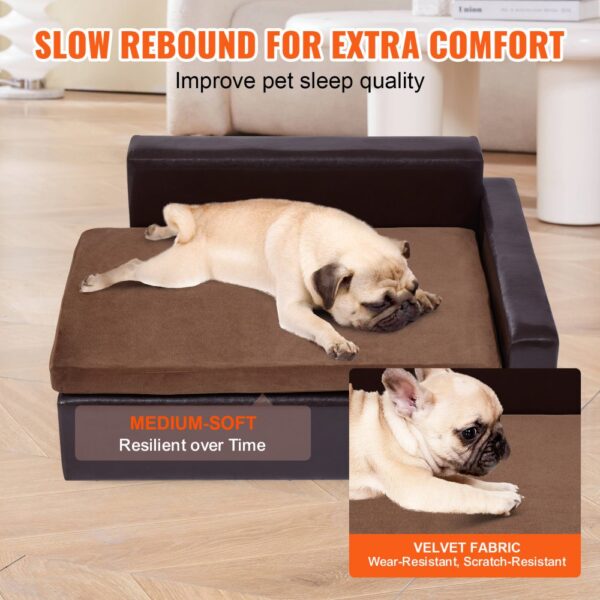 VEVOR pet sofa with medium-soft velvet fabric, slow rebound for extra comfort, improves pet sleep quality.