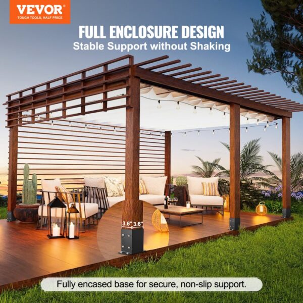 outdoor pergola on wooden deck with VEVOR post base brackets for secure, stable support.