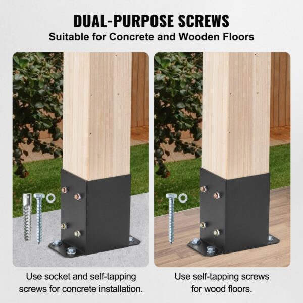 VEVOR post base brackets showcase dual-purpose screws for concrete and wood floors, installed on wooden posts.