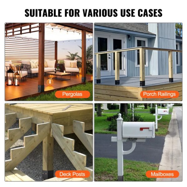 VEVOR post base brackets for pergolas, porch railings, deck posts, and mailboxes.