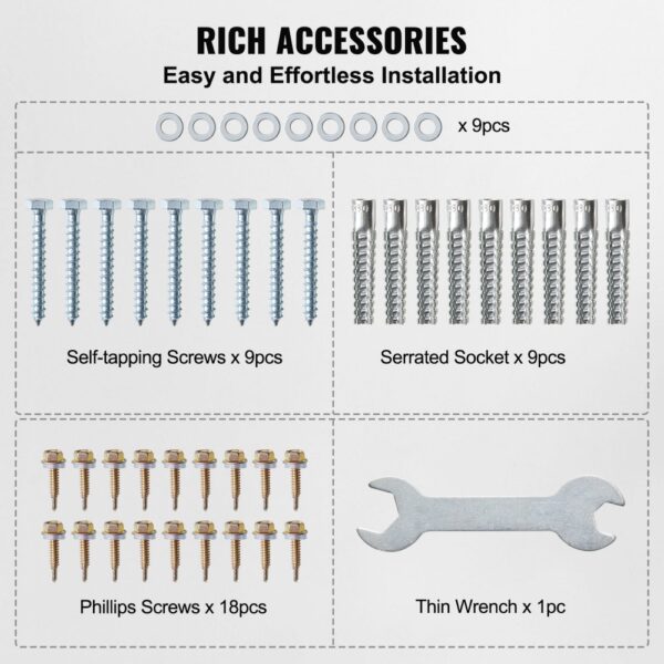 VEVOR post base brackets accessory kit with screws, washers, serrated sockets, and a thin wrench for installation.