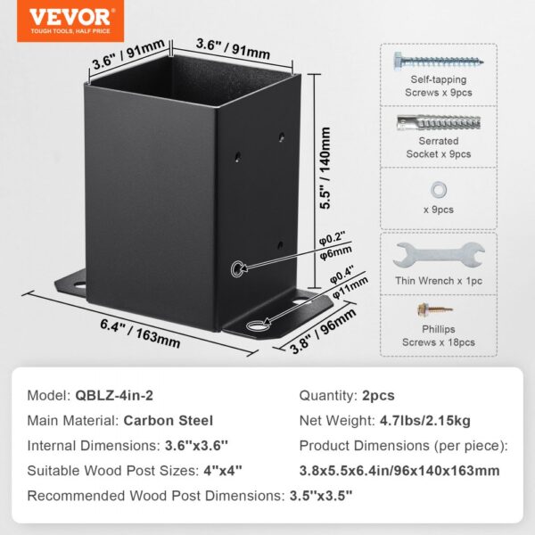 VEVOR post base brackets, carbon steel, 4x4 wood post, dimensions, screws, and tools included