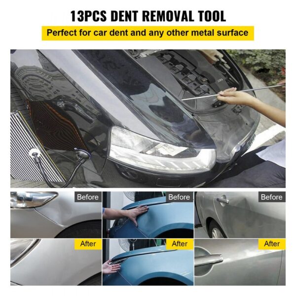 VEVOR dent removal kit used on cars, showing before and after dent repair results.