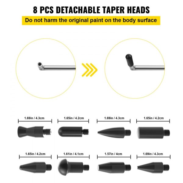 8 pcs detachable taper heads for VEVOR dent removal kit, sizes shown in inches and cm.