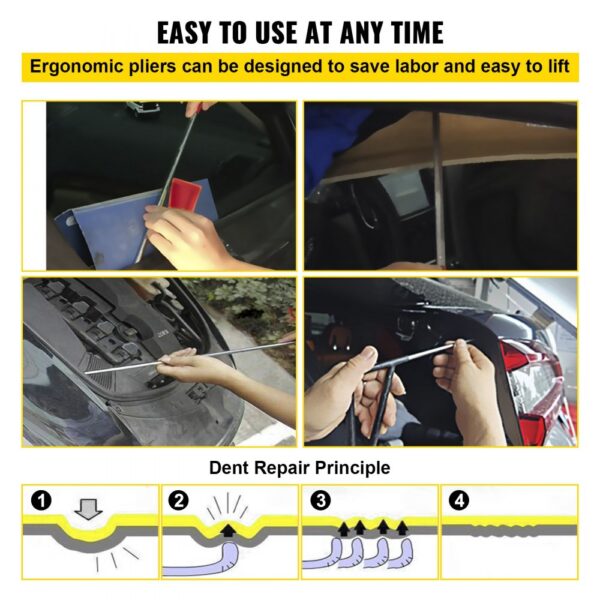 VEVOR dent removal kit in use, showcasing ergonomic pliers and dent repair principles.