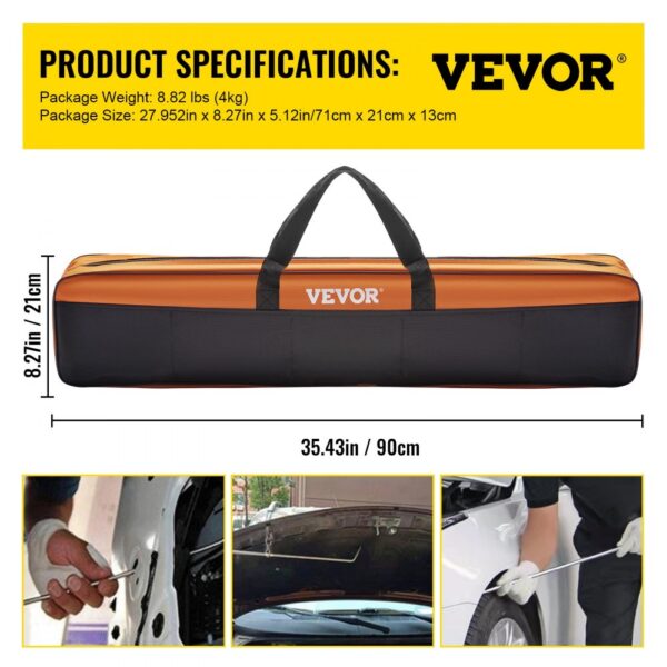 VEVOR dent removal kit bag, specifications, and tools in use on car body.