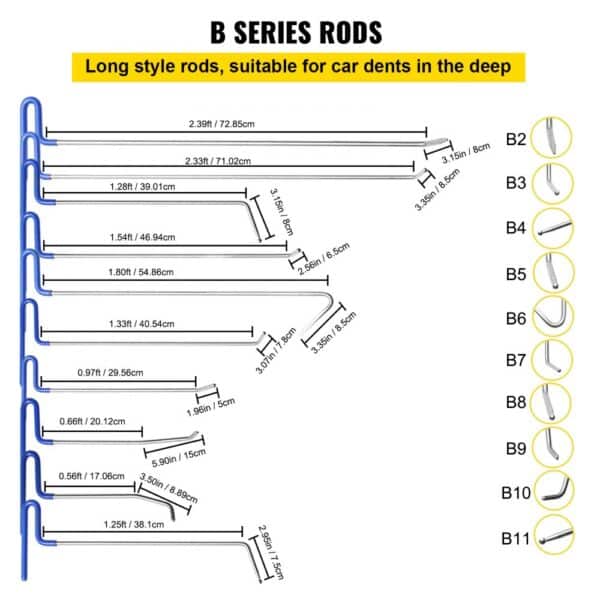 VEVOR dent removal kit b series rods with lengths and specifications.