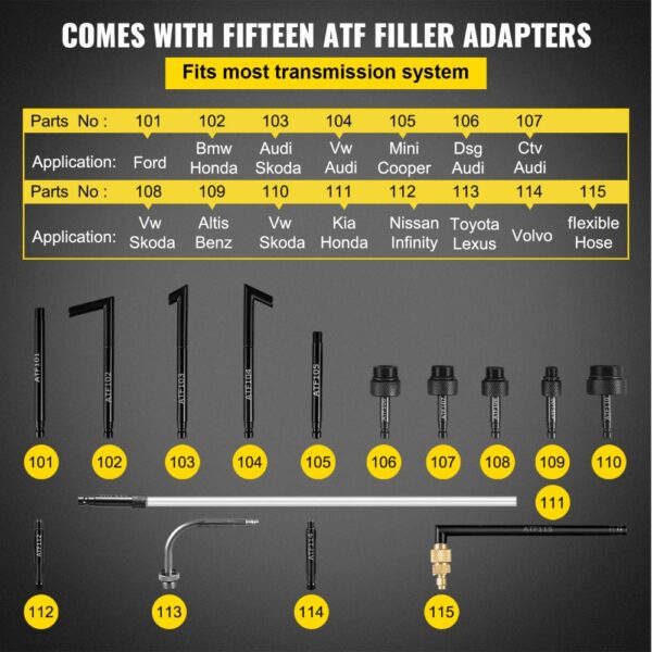 fifteen atf filler adapters for VEVOR transmission fluid pressure bleeder and their applications.