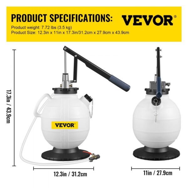 VEVOR transmission fluid pressure bleeder with dimensions and features displayed.