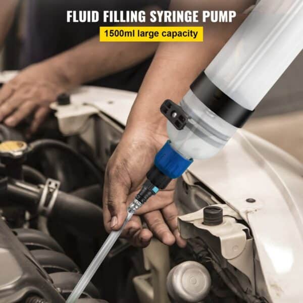 mechanic using VEVOR transmission fluid pump with 1500ml capacity near car engine.