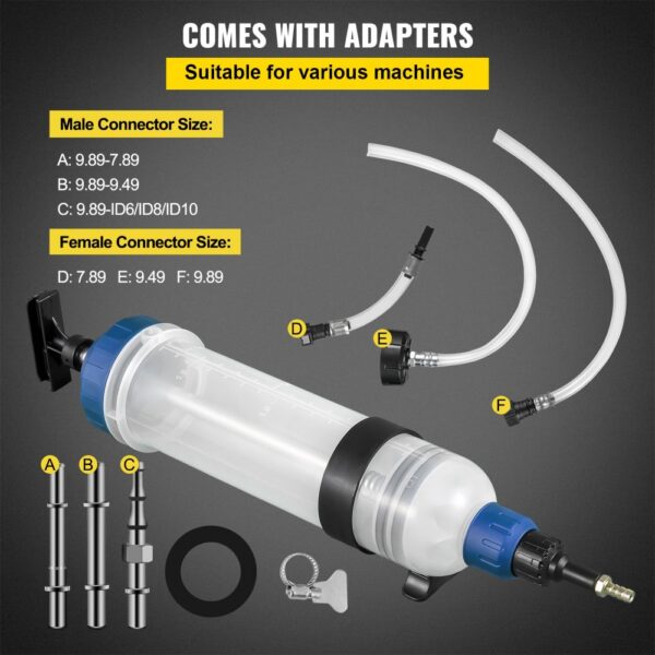 VEVOR transmission fluid pump with various adapters and connector sizes displayed.