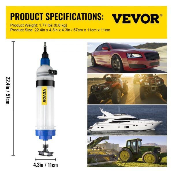 VEVOR transmission fluid pump; transparent with blue and black components; ideal for cars, atvs, boats, and tractors.