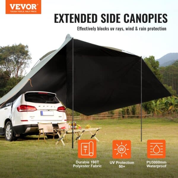 VEVOR vehicle awning with extended side canopies attached to suv, providing uv and rain protection.