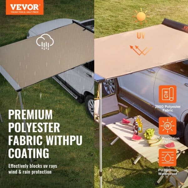 VEVOR car side awning providing uv and rain protection with premium polyester fabric and pu coating.