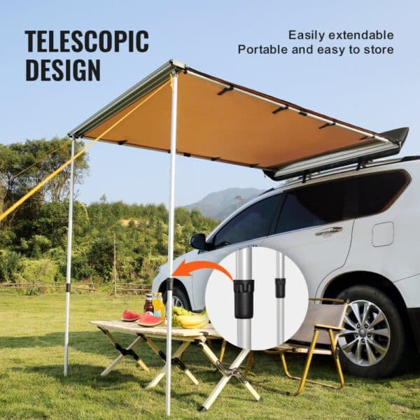 VEVOR car side awning: telescopic design setup on a white suv, with a picnic table and mountain view.