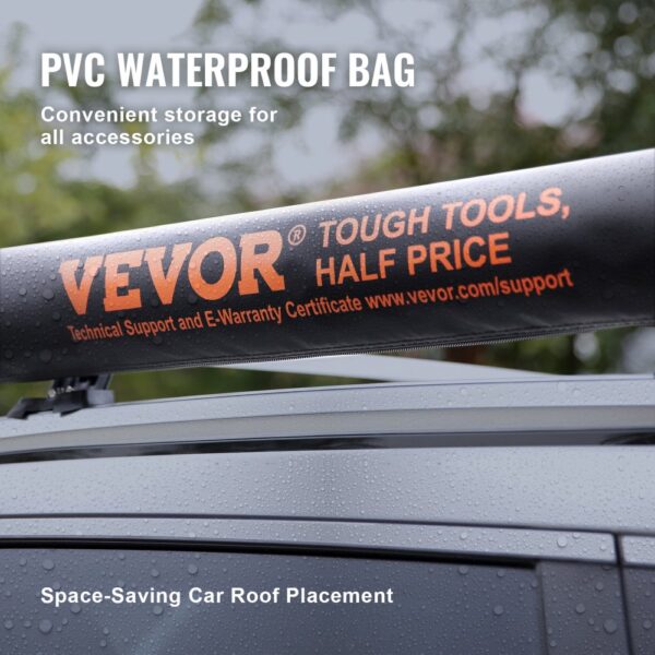 VEVOR car side awning pvc waterproof bag on car roof with raindrops and space-saving storage design.