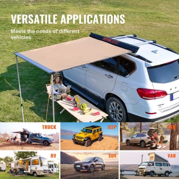 VEVOR car side awning provides versatile shade for various vehicles, including trucks, jeeps, rvs, suvs, and vans.