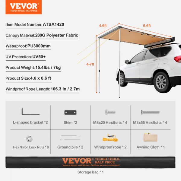 VEVOR car side awning setup guide with dimensions, materials, and included accessories.