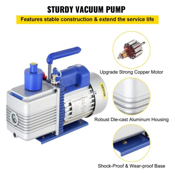 VEVOR Vacuum Pump, 10CFM 1 HP, Two-Stage Rotary Vane Vacuum Pump, 220V 5 PA Facility HVAC Refrigerant Air Tool for HVAC, Auto AC Refrigerant Recharging, Wine Degassing and Food Processing, Blue