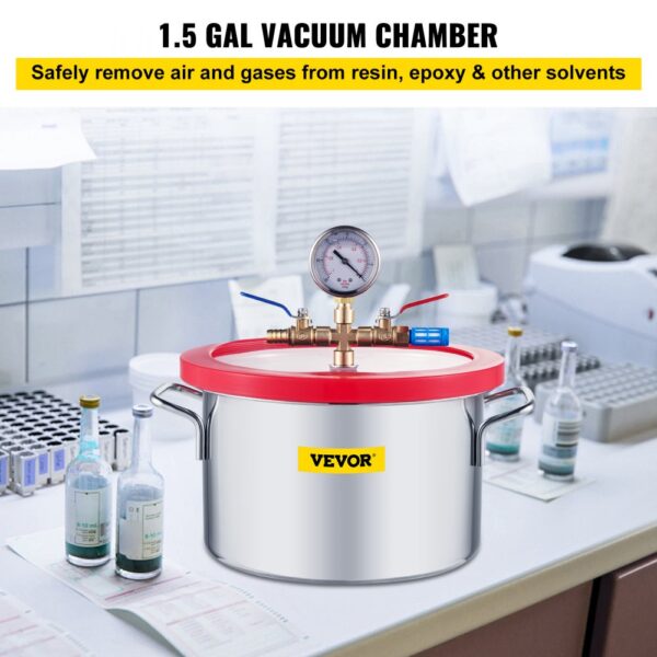 VEVOR vacuum chamber in a lab setting used for resin and epoxy solvent removal.