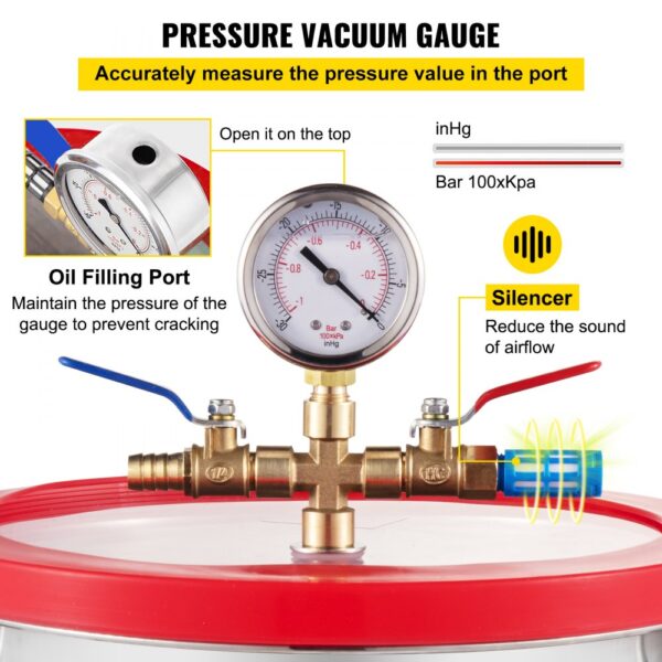 VEVOR vacuum chamber with pressure gauge, oil filling port, and silencer for airflow.