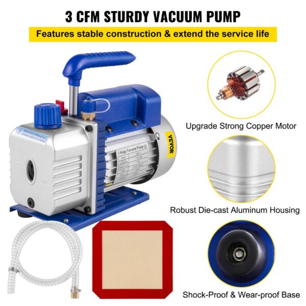 VEVOR 3 CFM 1/4HP Single Stage Vacuum Pump,3 Gallon(13 Liter) Vacuum Chamber Kit, HVAC A/C Refrigeration Kit