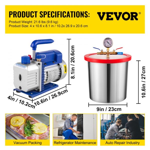 VEVOR 3 CFM 1/4HP Single Stage Vacuum Pump,3 Gallon(13 Liter) Vacuum Chamber Kit, HVAC A/C Refrigeration Kit