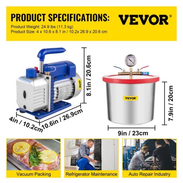 VEVOR 2 Gallon Vacuum Chamber Silicone Expoxy Degassing 4CFM 1/3HP Vacuum Pump