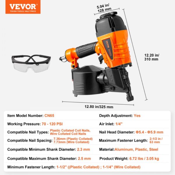 VEVOR CN65 Coil Siding Nailer 1-1/4" to 2-1/2" 15 Degree Pneumatic Nail Gun