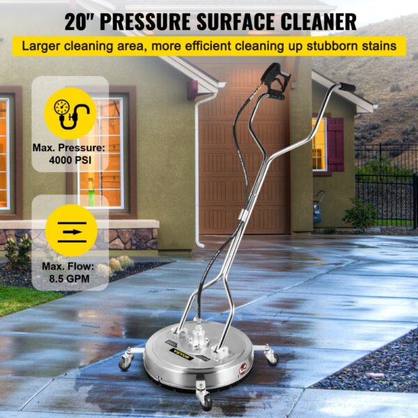 20" VEVOR pressure washer surface cleaner in front of a house, showcasing max pressure and flow rates.