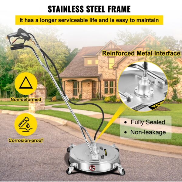 VEVOR pressure washer surface cleaner with stainless steel frame, reinforced metal interface, and non-deformed, corrosion-proof design.