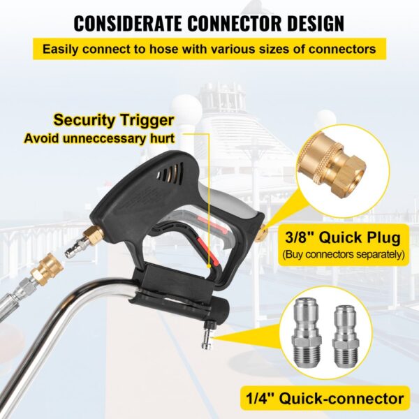 VEVOR pressure washer surface cleaner with security trigger, and quick-connectors for different sizes.