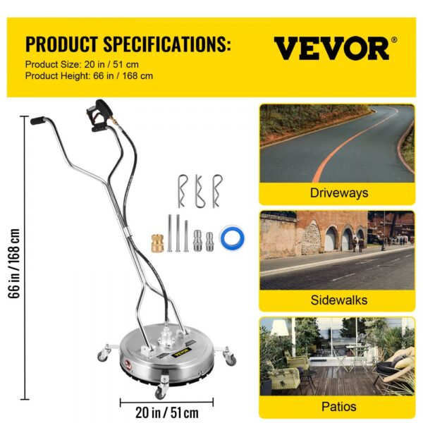 VEVOR pressure washer surface cleaner for driveways, sidewalks, and patios, 20 in diameter, 66 in height.