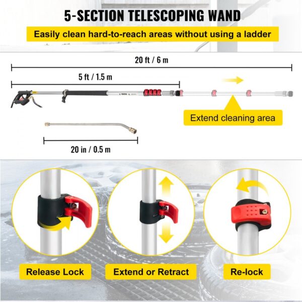 VEVOR telescoping pressure washer wand extends up to 20 ft with 5 sections and easy lock/release mechanism.